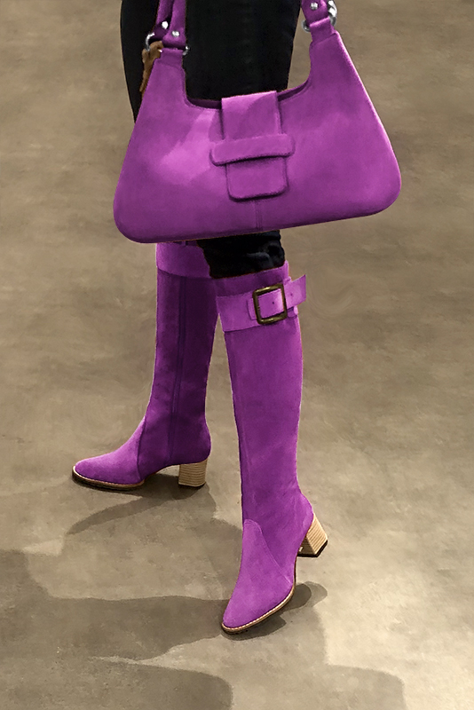 Mauve purple women's riding knee-high boots. Round toe. Medium block heels. Made to measure. Worn view - Florence KOOIJMAN